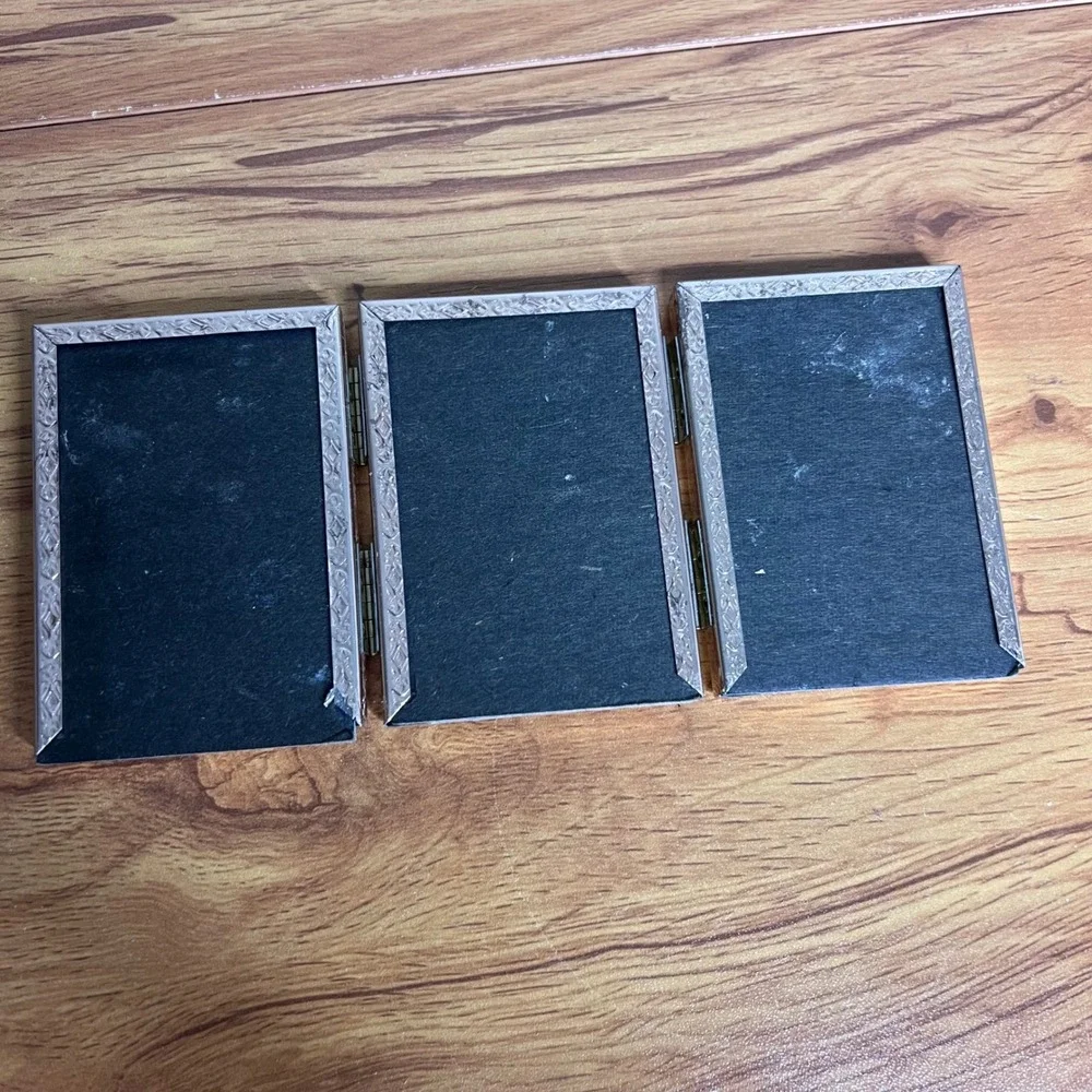 Vintage Hinged Photo Frame Tri Fold Mini Gold Tone Embossed Metal 3 Triple 3